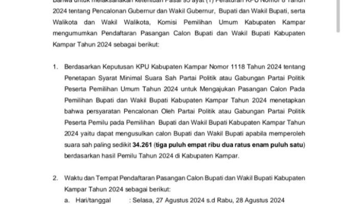 KPU Umumkan Sarat Pendaftaran Calon Bupati dan Wakil Bupati Pilkada 2024